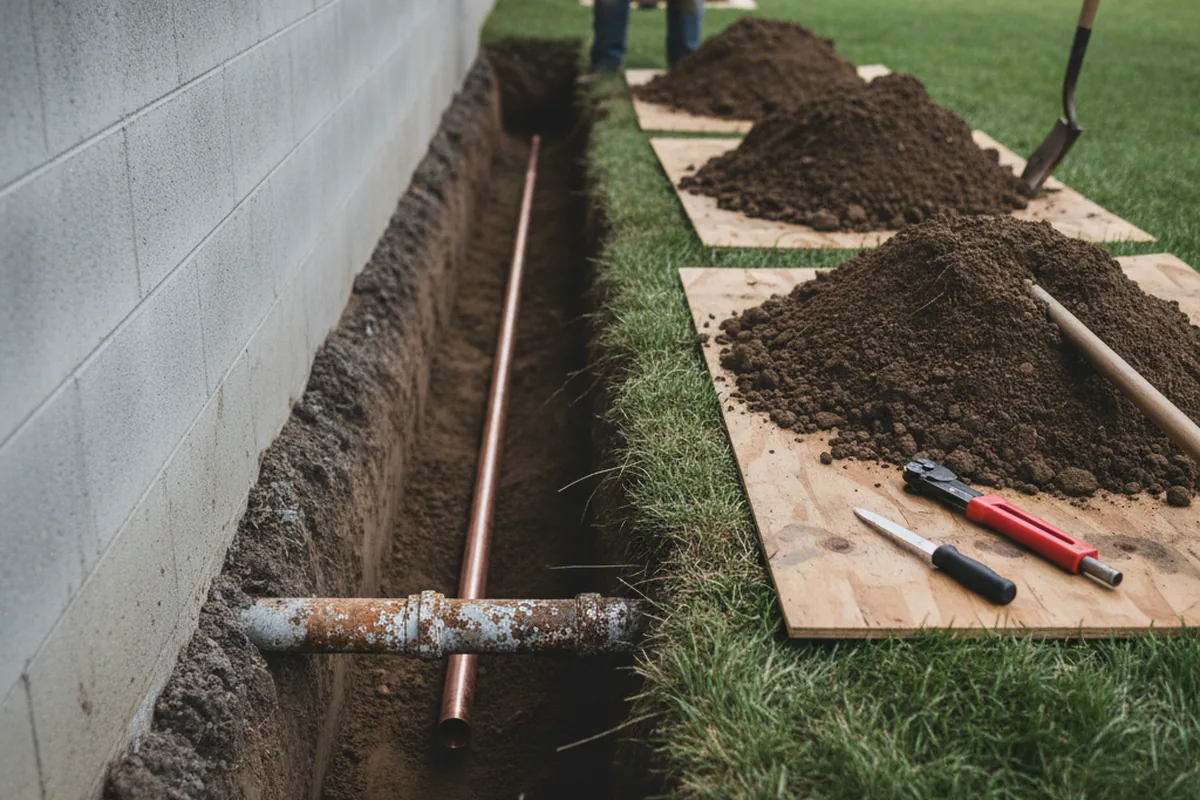 Excavated water line trench during Water Softener Installation in Gore